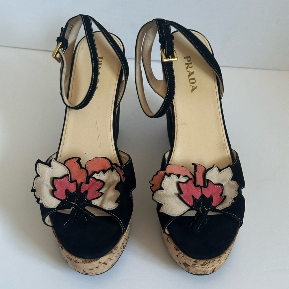 Prada Black Suede Flower Ankle Strap Sandals